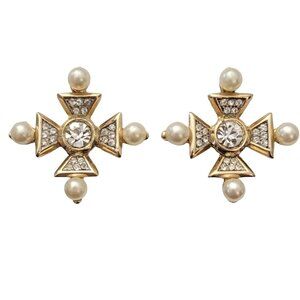 Trifari Gold Tone Clear Rhinestone Faux Pearl Maltese Cross Clip Earrings, M1003